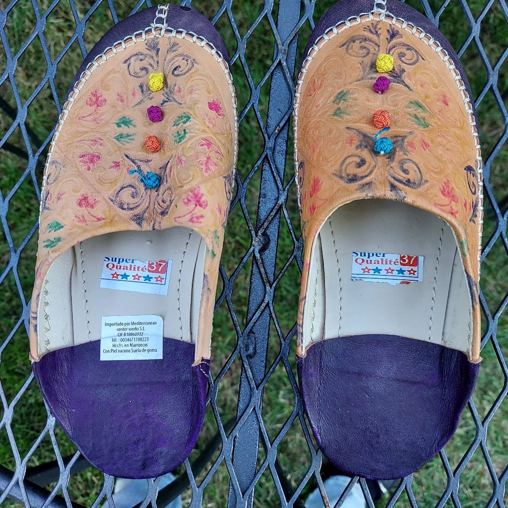 Hand painted tooled Leather Mules Shoes SZ 6